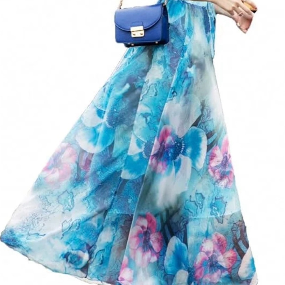 Elegant Floral Maxi Skirt in Blue and Pink